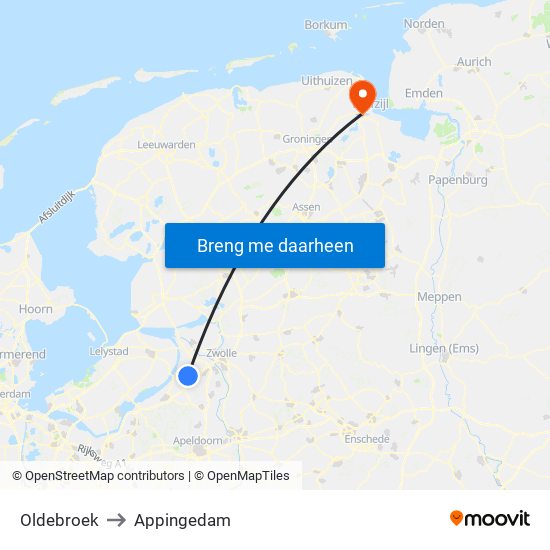 Oldebroek to Appingedam map