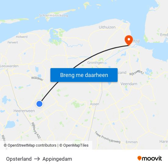 Opsterland to Appingedam map