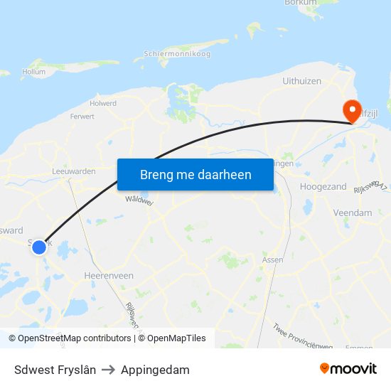 Sdwest Fryslân to Appingedam map