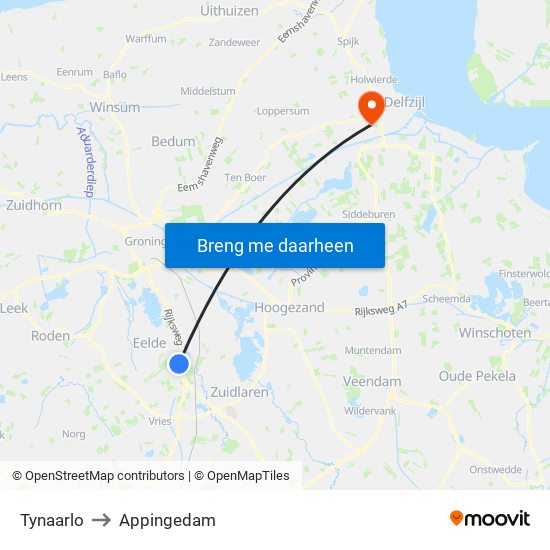 Tynaarlo to Appingedam map