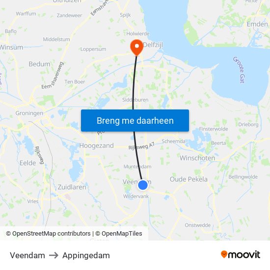 Veendam to Appingedam map