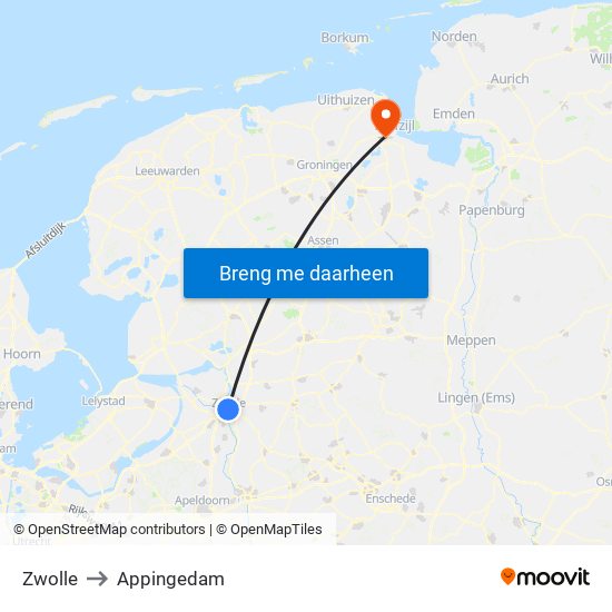Zwolle to Appingedam map