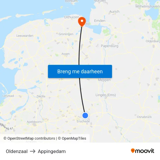 Oldenzaal to Appingedam map