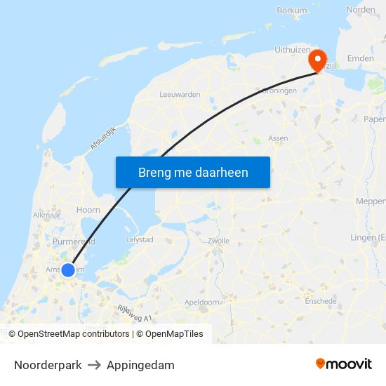 Noorderpark to Appingedam map