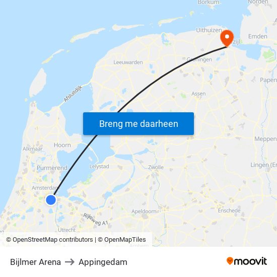 Bijlmer Arena to Appingedam map