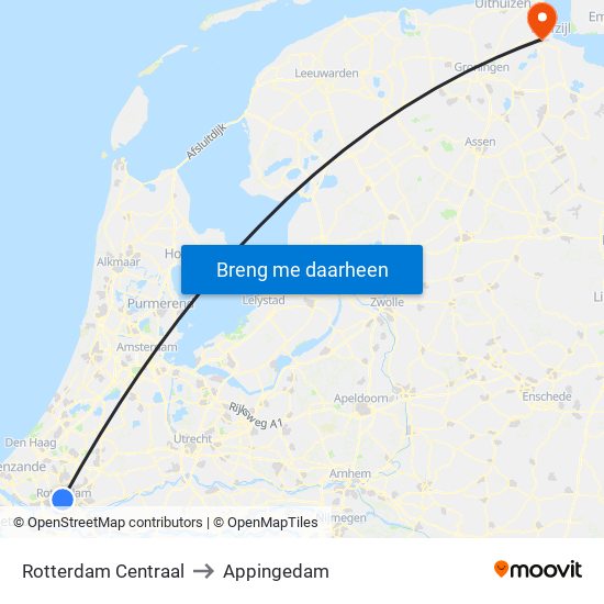 Rotterdam Centraal to Appingedam map