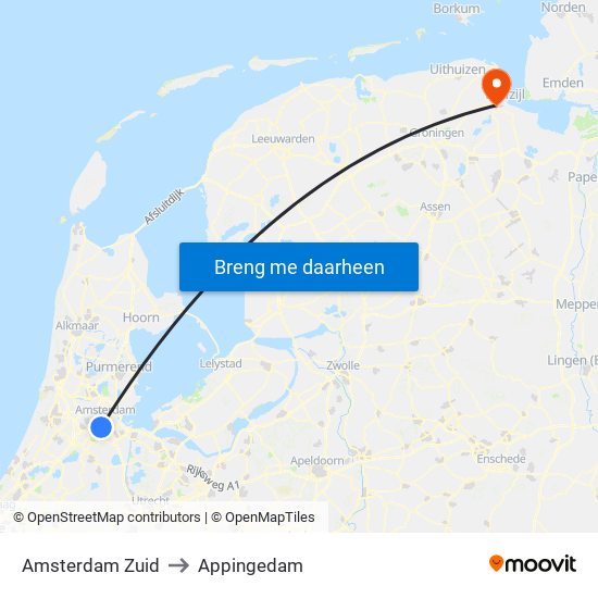 Amsterdam Zuid to Appingedam map