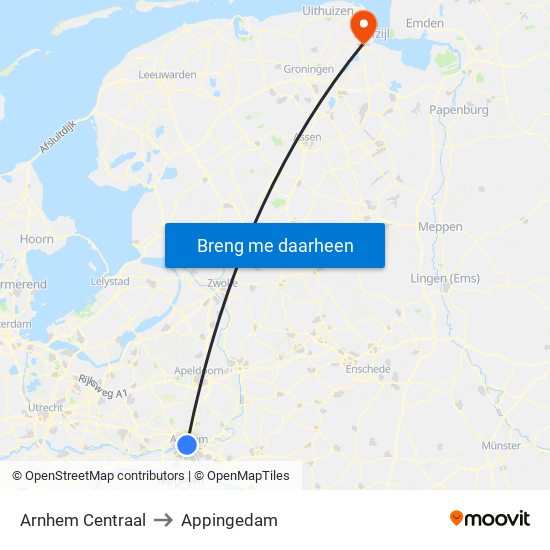 Arnhem Centraal to Appingedam map