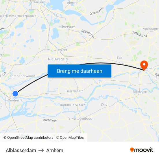 Alblasserdam to Arnhem map