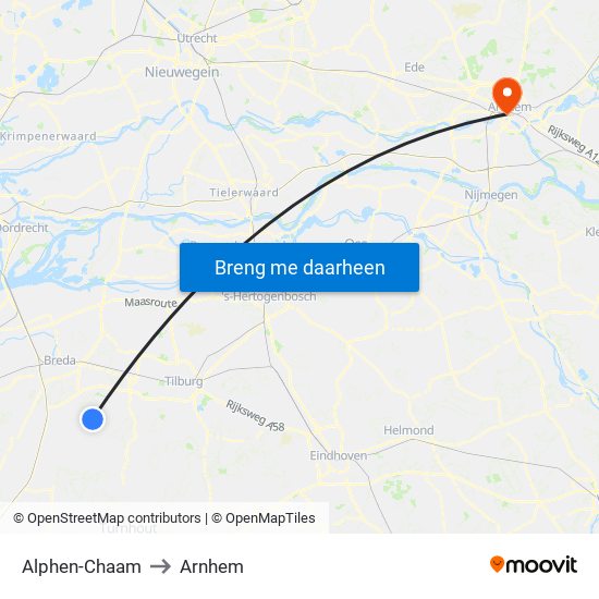 Alphen-Chaam to Arnhem map