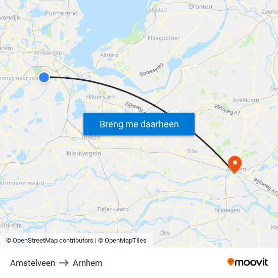 Amstelveen to Arnhem map