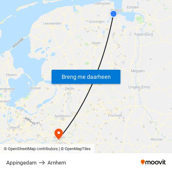 Appingedam to Arnhem map