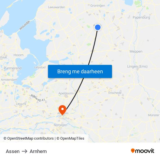 Assen to Arnhem map