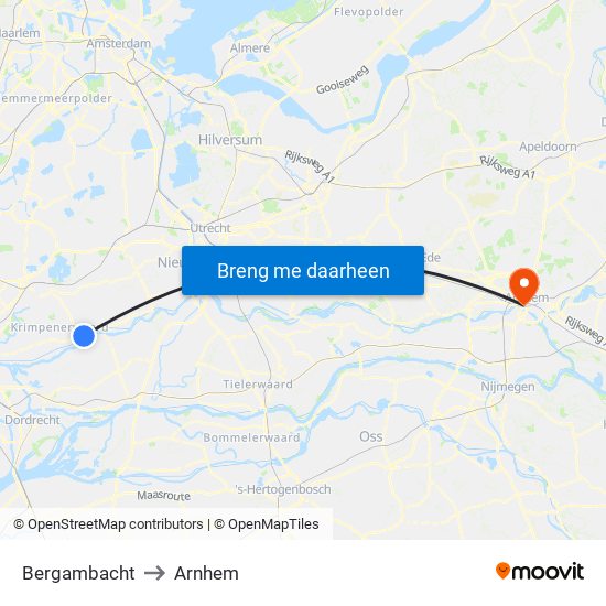 Bergambacht to Arnhem map