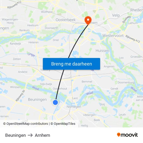 Beuningen to Arnhem map