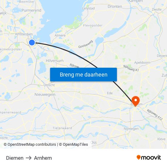 Diemen to Arnhem map