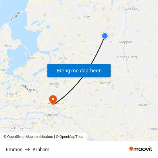 Emmen to Arnhem map