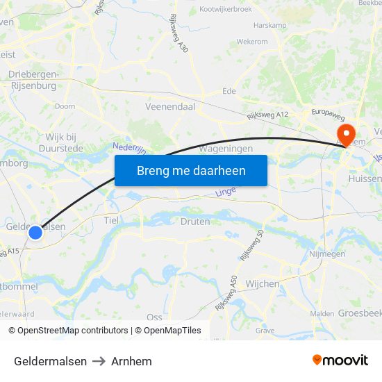 Geldermalsen to Arnhem map