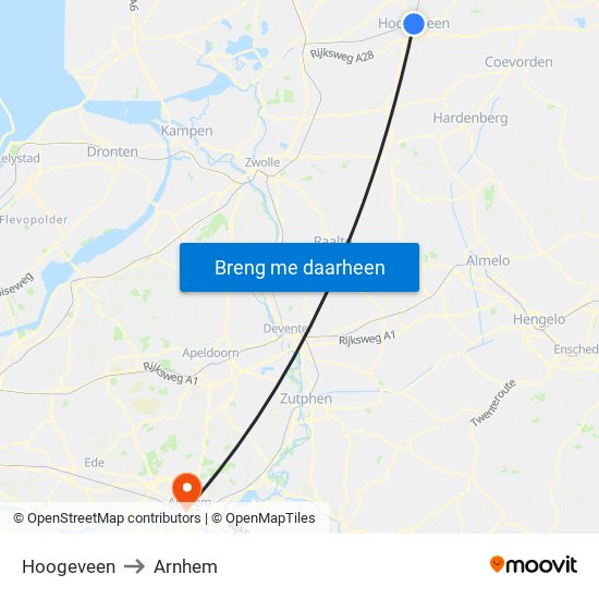 Hoogeveen to Arnhem map