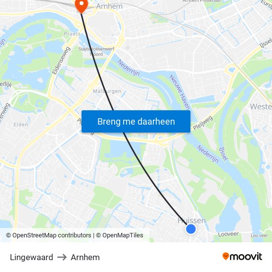 Lingewaard to Arnhem map