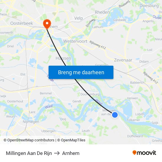 Millingen Aan De Rijn to Arnhem map