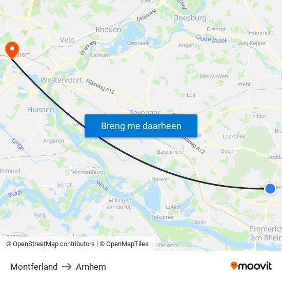 Montferland to Arnhem map