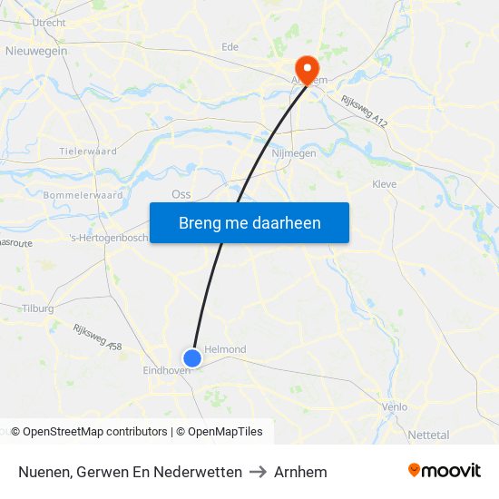 Nuenen, Gerwen En Nederwetten to Arnhem map