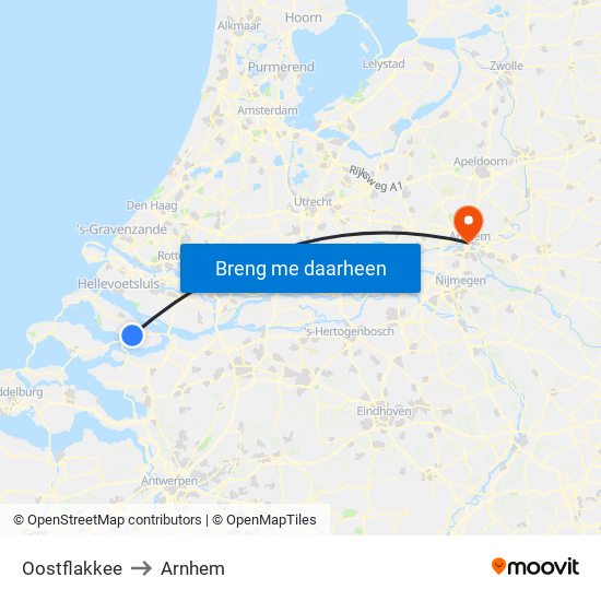 Oostflakkee to Arnhem map