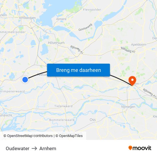 Oudewater to Arnhem map