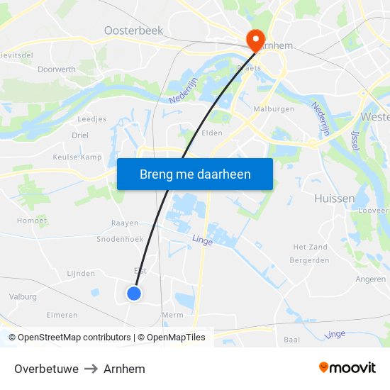 Overbetuwe to Arnhem map