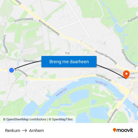 Renkum to Arnhem map