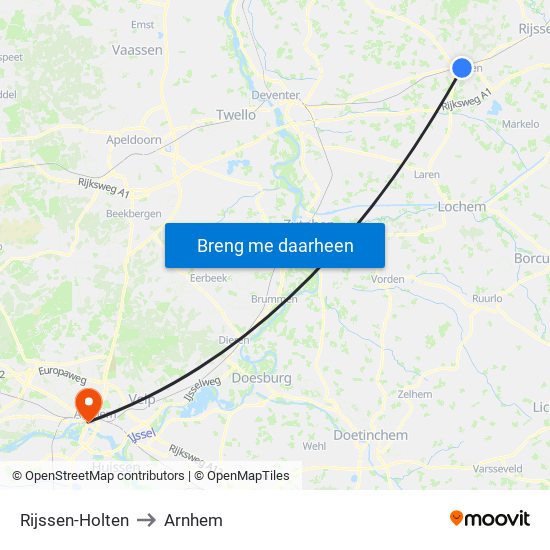 Rijssen-Holten to Arnhem map