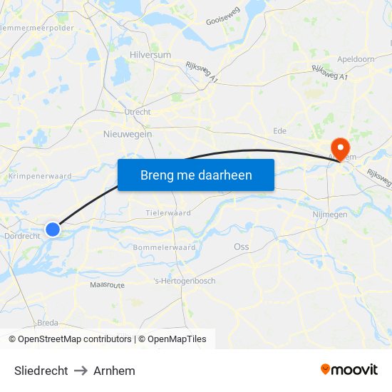 Sliedrecht to Arnhem map