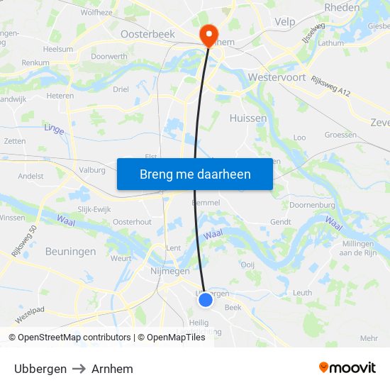 Ubbergen to Arnhem map