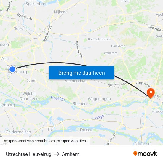 Utrechtse Heuvelrug to Arnhem map