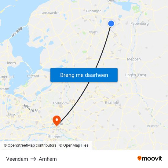 Veendam to Arnhem map