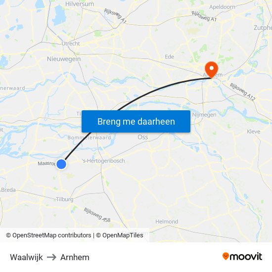 Waalwijk to Arnhem map