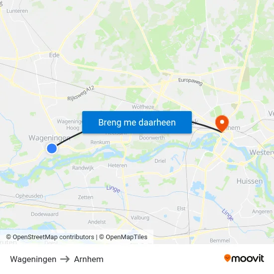 Wageningen to Arnhem map