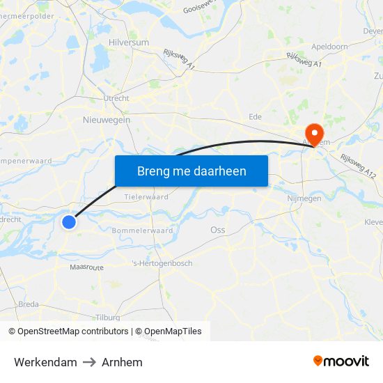 Werkendam to Arnhem map