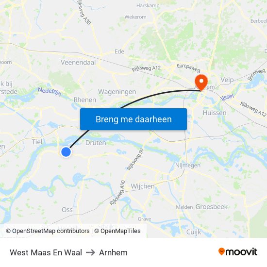West Maas En Waal to Arnhem map