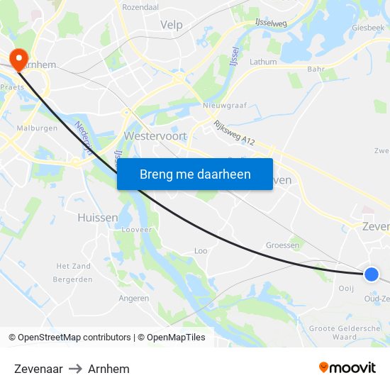 Zevenaar to Arnhem map