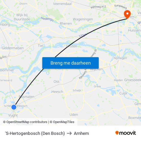 'S-Hertogenbosch (Den Bosch) to Arnhem map