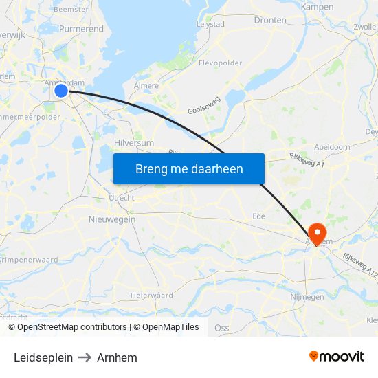 Leidseplein to Arnhem map