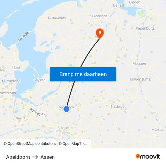 Apeldoorn to Assen map
