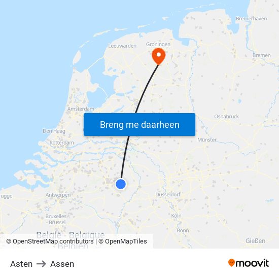 Asten to Assen map