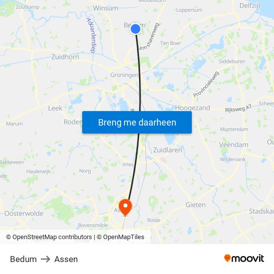 Bedum to Assen map