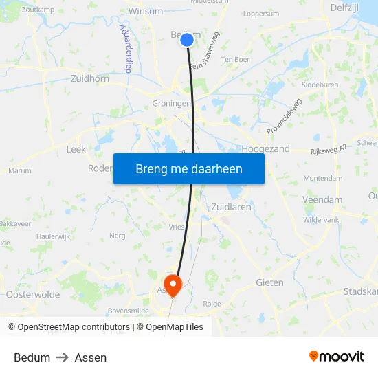 Bedum to Assen map