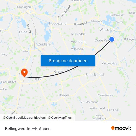 Bellingwedde to Assen map