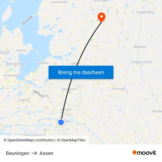 Beuningen to Assen map