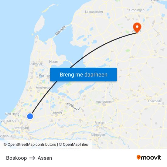 Boskoop to Assen map